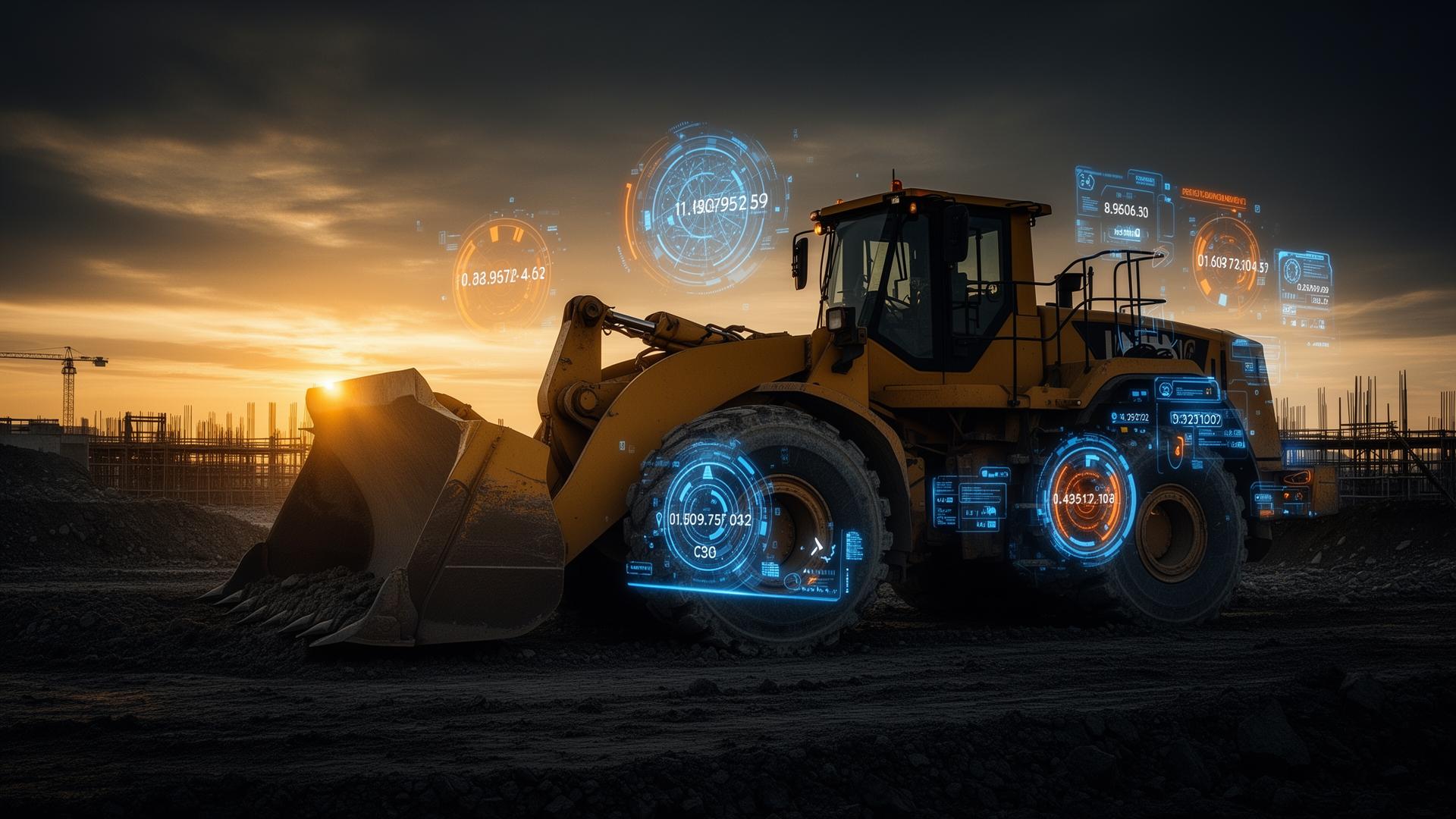 Bulldozer at a construction site with holographic telemetry overlays